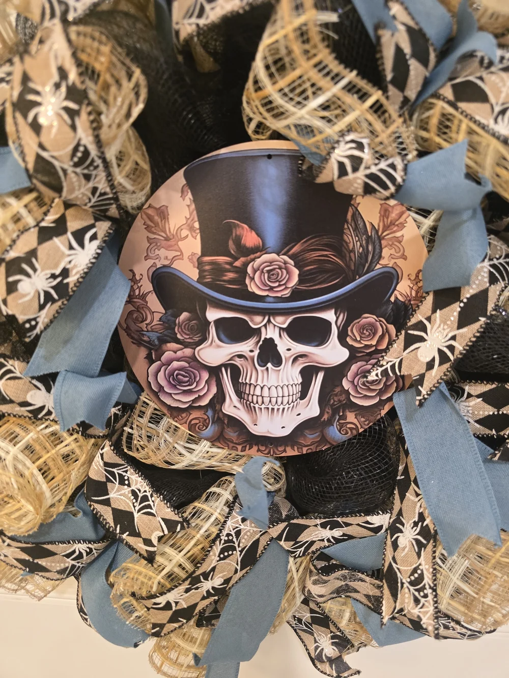 Skull Top Hat Floral Wreath - Black, Tan, Blue Steampunk Halloween